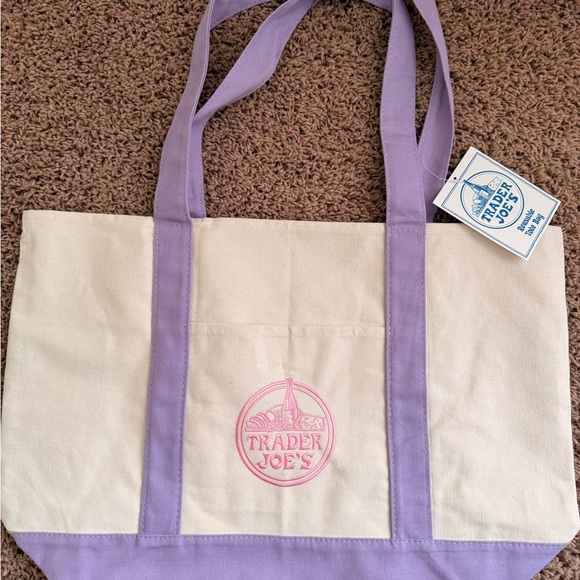 Trader Joe's Canvas Large Tote in White and Purple Color - Picture 3 of 3
